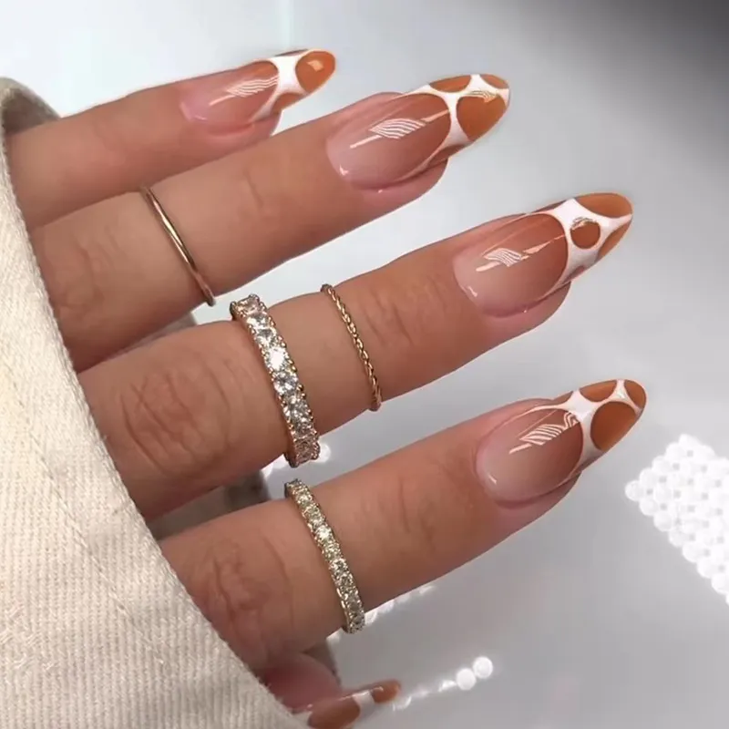 Churchf Churchf Nude Coffee Color Round Head Almond Nail White Bubble Mesh Nail Irregular Fake Nail Wear Nail 24 Pieces