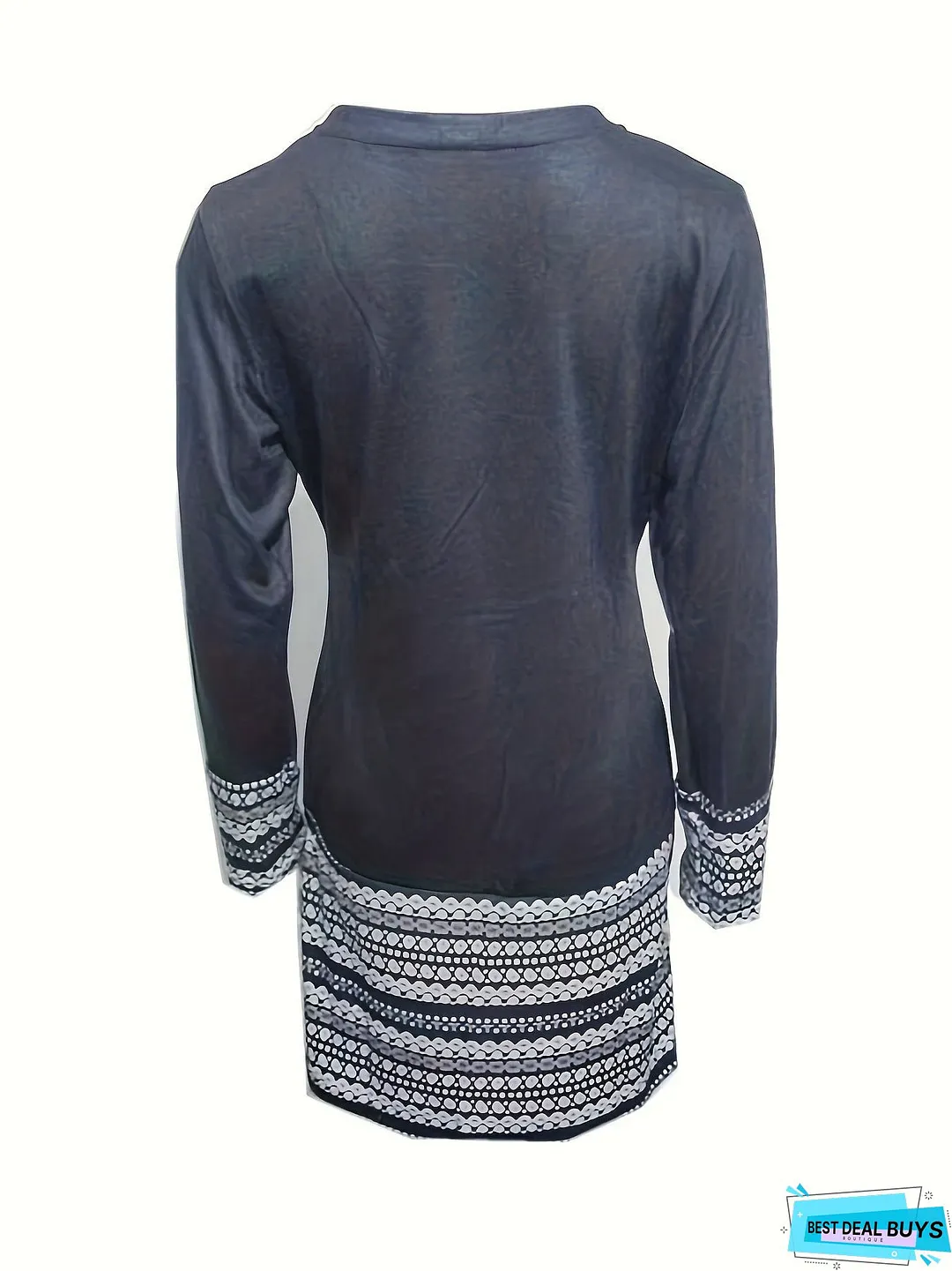 Color Block Printed Dress, Casual Crew Neck Long Sleeve A Line Dress, Women's Clothing