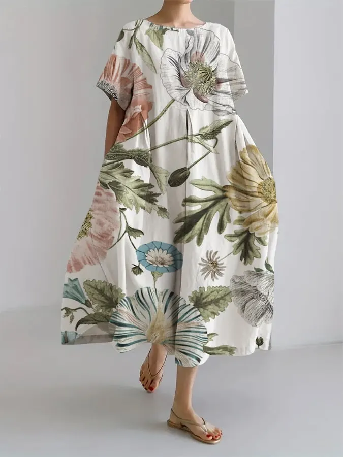 Women's Retro Botanical Floral Design Printed Casual Loose Dress
