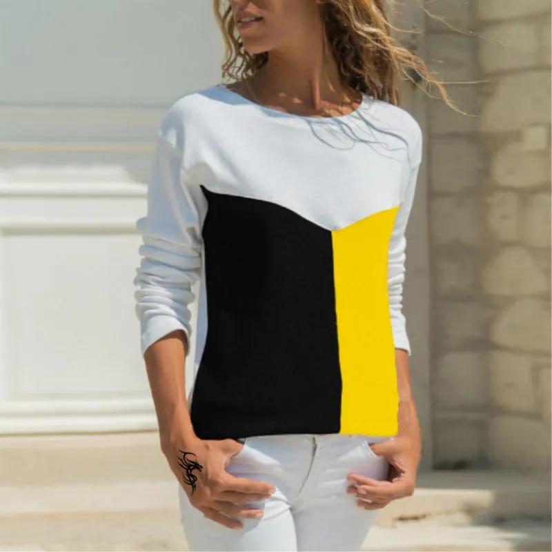 Brownm Loose Color Printed Round Neck Long Sleeve T-shirt
