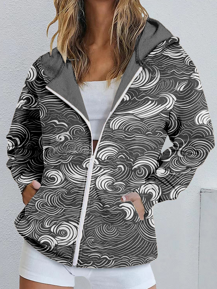Japanese Ocean Waves Inspired Zip Up Cozy Hoodie elevenforest