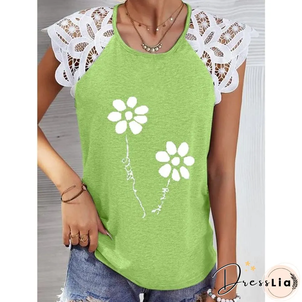 Lace Hollow Sleeve Printed T-Shirt