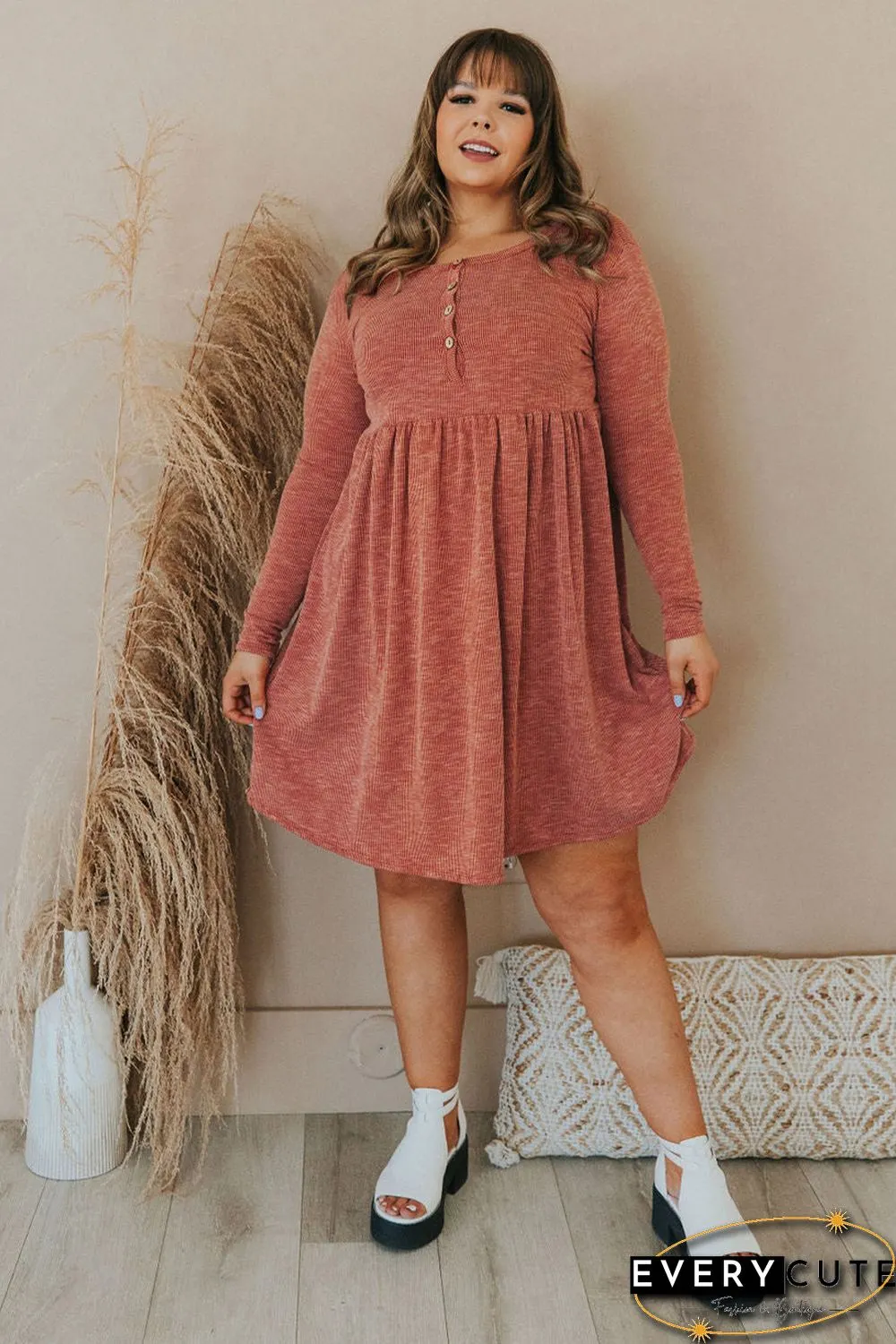 Plus Size Mineral Washed Ribbed Henley Dress