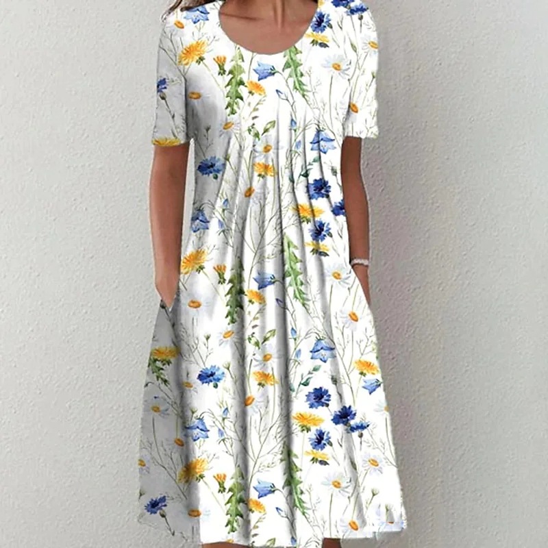 Floral Print Pocket Mid-Length Tunic Dress