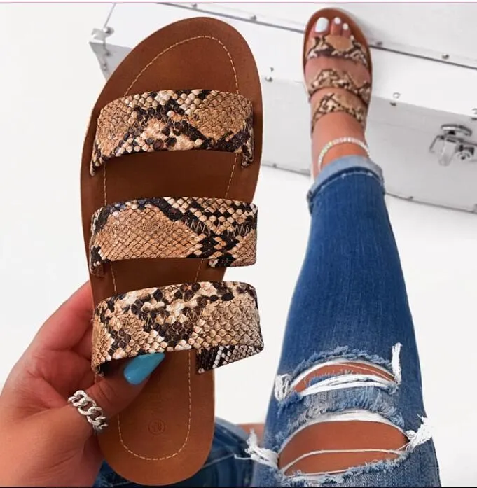 New Summer Women Sandals Designers Open Toe Flat Heel Sandals Slip on Leopard Sandalias Mujer Size 37-42