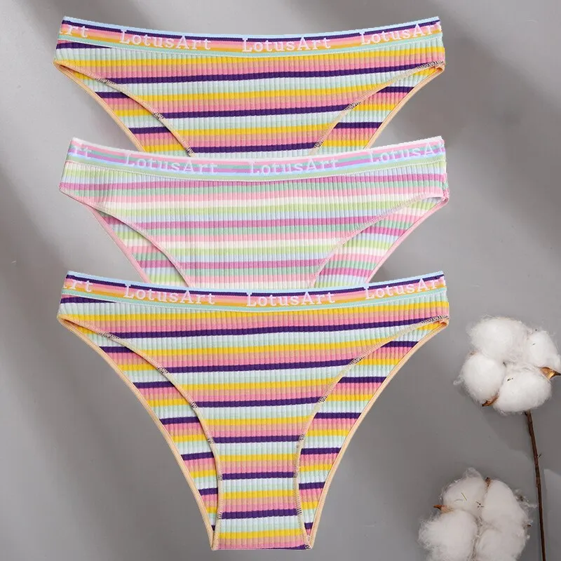 Billionm Women Cotton Colorful Stripe Panties Sexy Intimate Underwear Female Soft Solid Briefs Low Waist Underpant Soft Lingerie