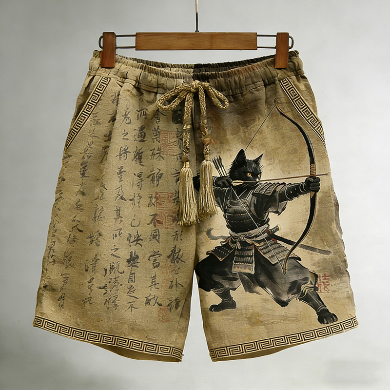 Men's Black Cat Samurai And Calligraphy Pattern Linen Blend Shorts elevenforest