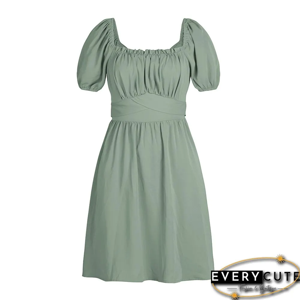 Pea Green Square Neck Slim Waist Mini Dress