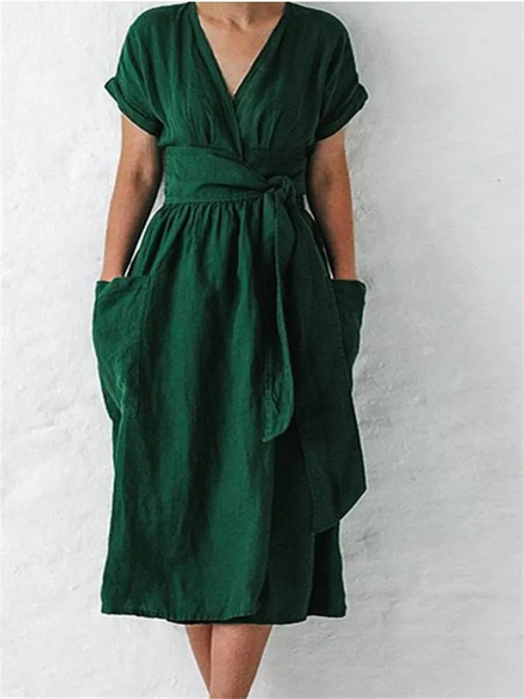 Patch Pockets Wrap Midi Dress