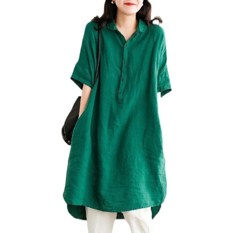 Athvotar And Art Simple White Linen Shirt Women's Long 2025 Summer Thin Loose Middle-Sleeved Doll Collar Top