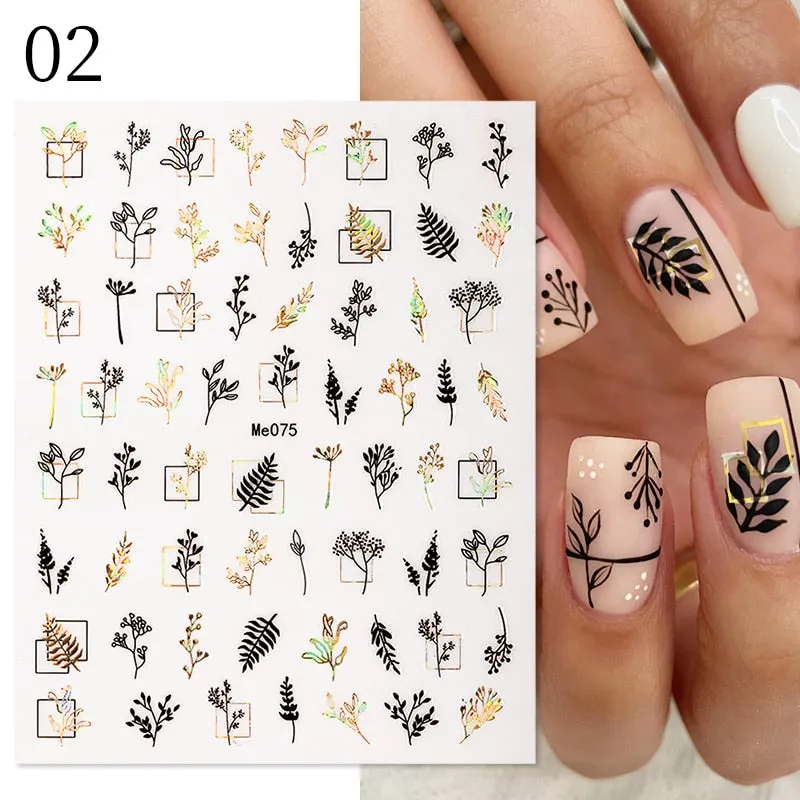 1 Pc 3D Nail Stickers Leaves Sliders for Nails Gold White Bronzing Flowers Gradient Adhesive Sticker Nail Design Art Decorations-Nail Inspo