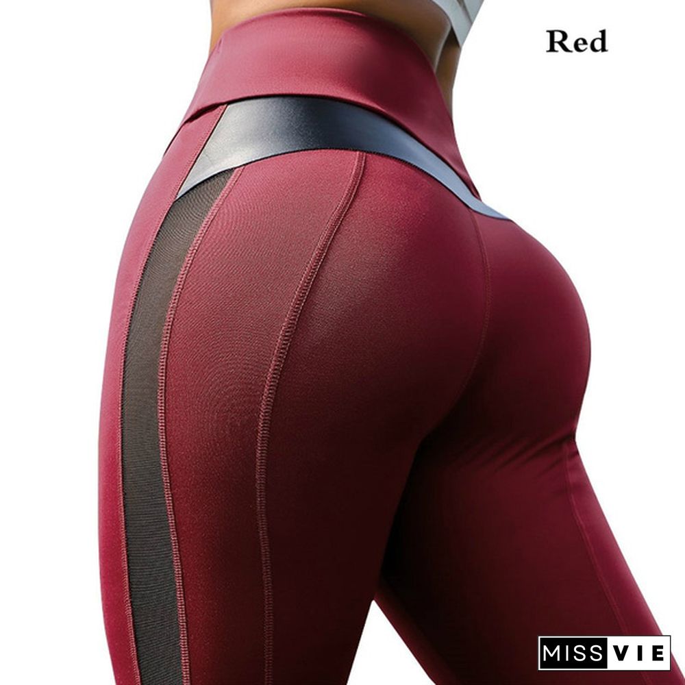 Fashion Women's Stretchy Mesh & Leather Patchwork High Waist Tummy Control Sport Yoga Running Pants GYM Fitness Leggings