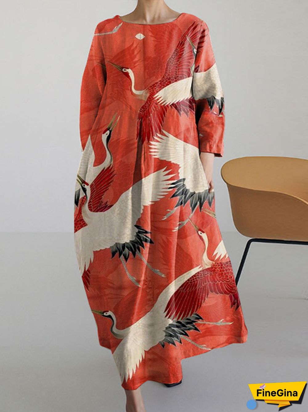 Vintage Feihe Round Neck Long Sleeve Midi Dress