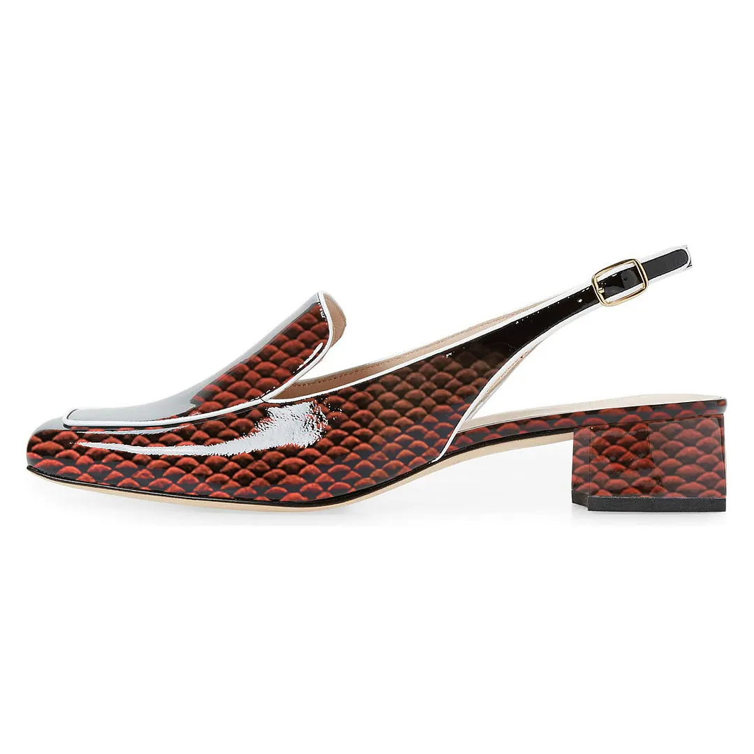 Red Patent Leather Slingback Square Toe Snakeskin Women's Loafers