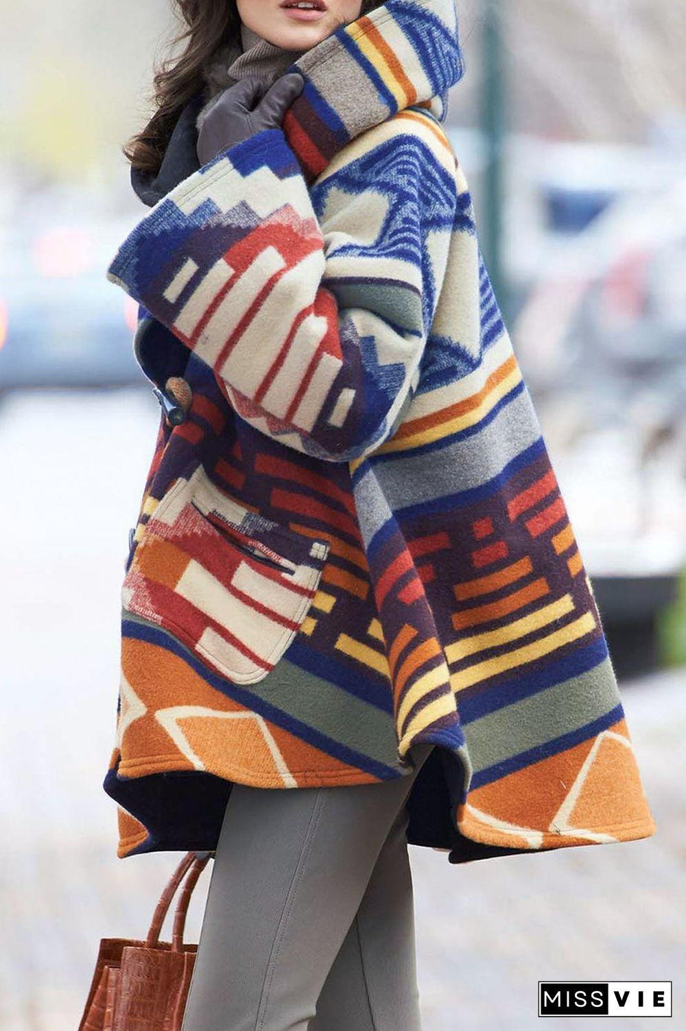 Elegant Geometric Print Patchwork Hooded Collar Outerwear