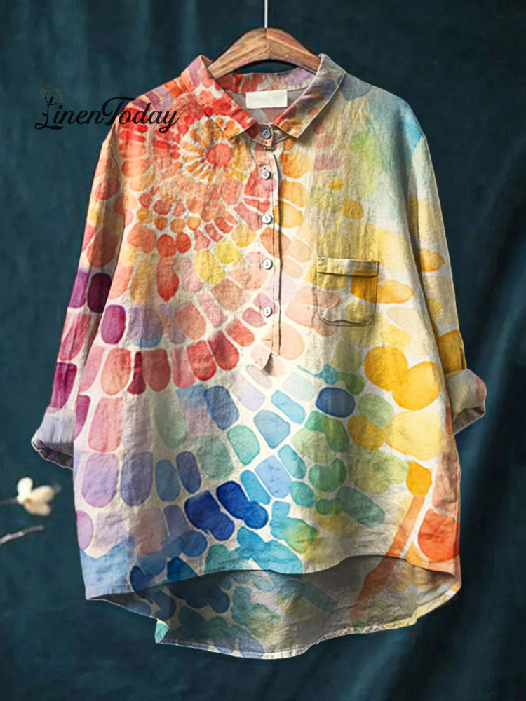 Women&rsquo;s Abstract Geometric Art Print Casual Cotton And Linen Shirt Multicolor / S