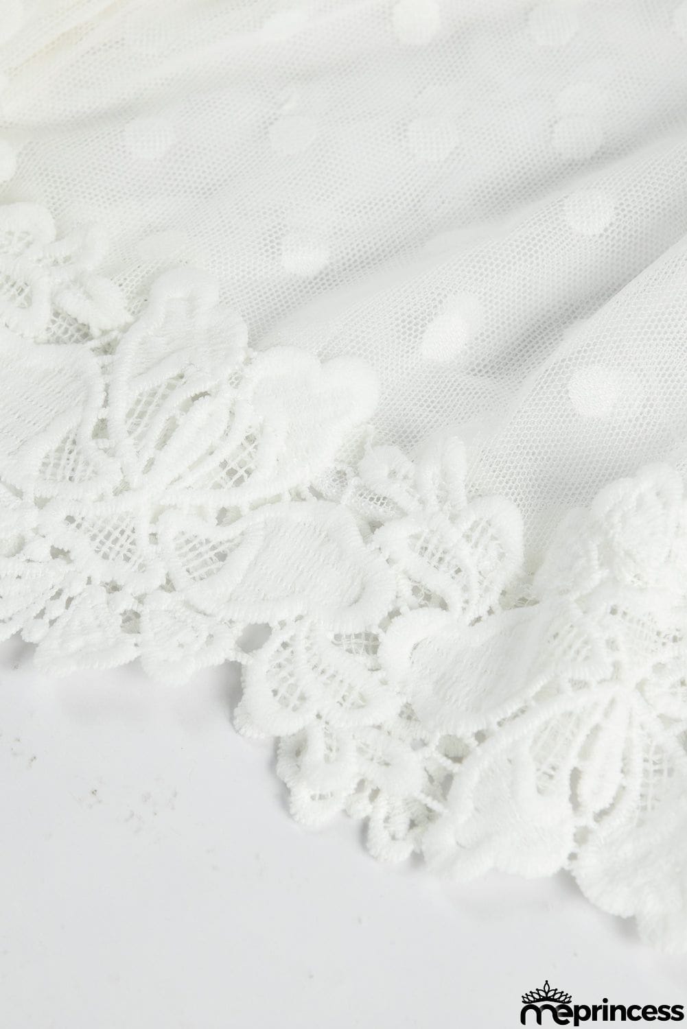 White Wrap V Neck Long Sleeve Polka Dot Mesh Lace Splicing Dress