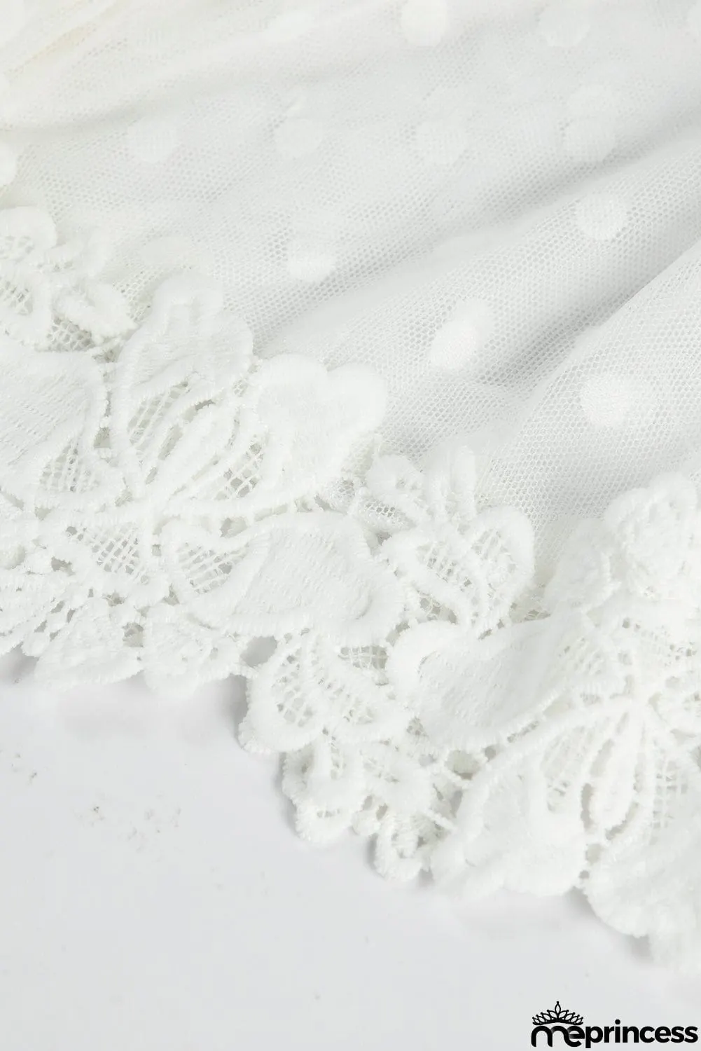 White Wrap V Neck Long Sleeve Polka Dot Mesh Lace Splicing Dress