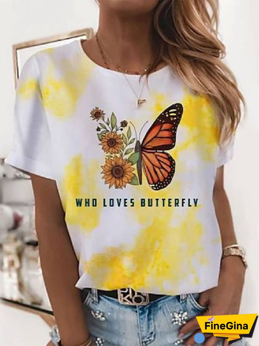 Floral-Print Butterfly Short Sleeve Crew Neck T-shirt