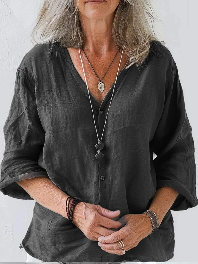 Women's Simple and Comfortable Solid Color Linen Long-Sleeved V-Neck Top