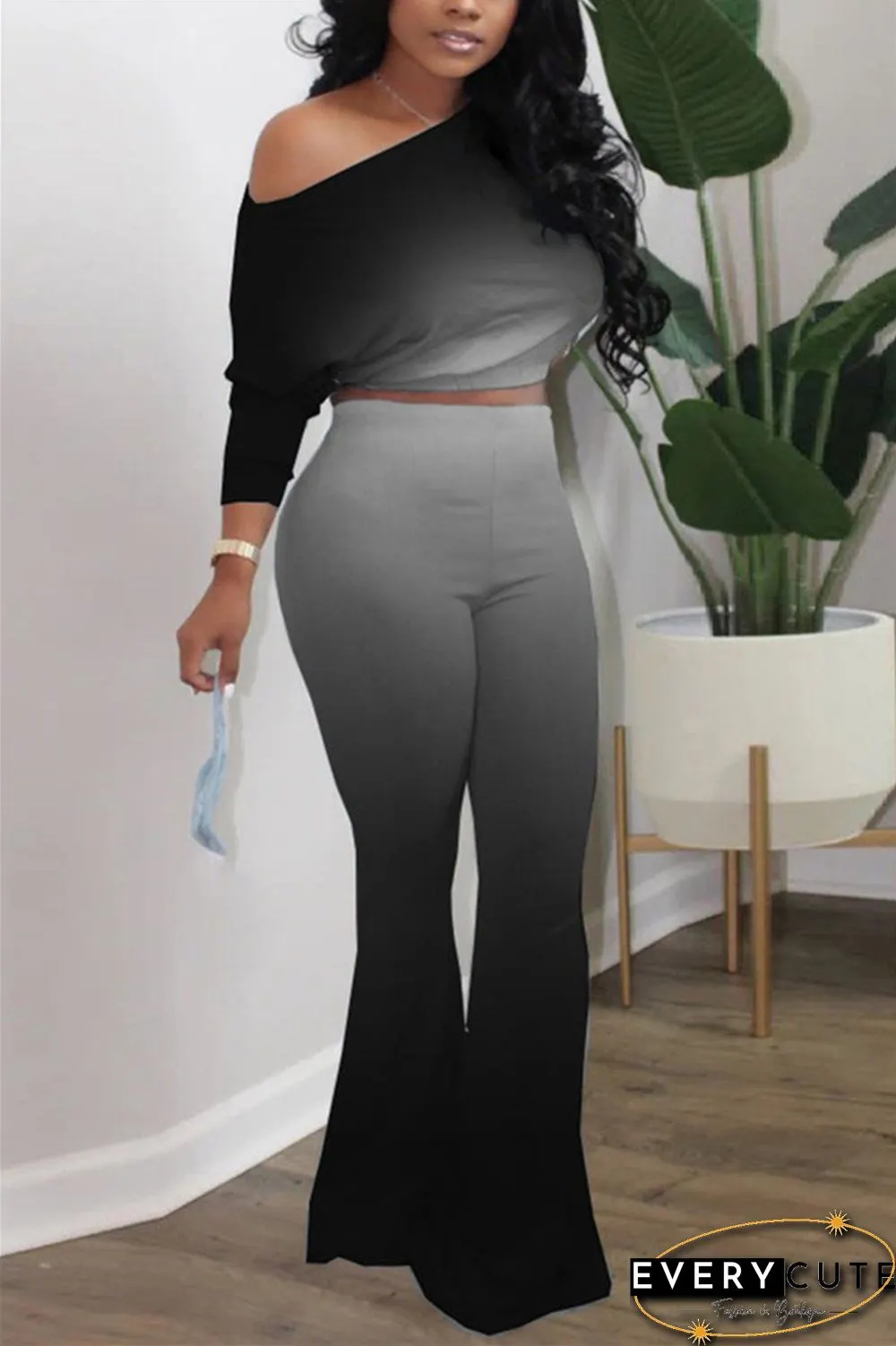 Fashion Long Sleeve Oblique Collar Regular Sleeve Short Gradual Change Print Two Pieces