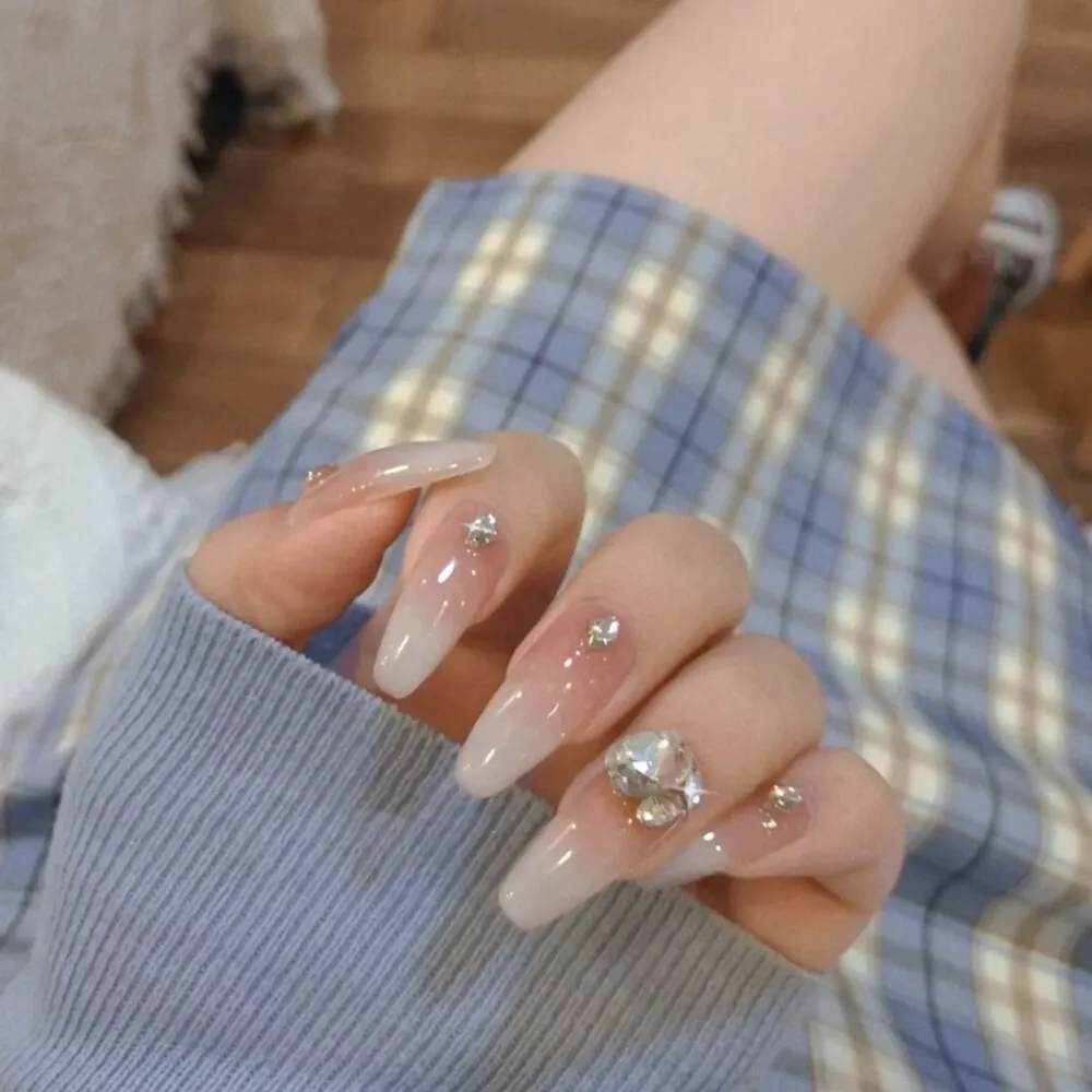 24PCS Press On Nails with Diamond Butterfly Design White Fake Nails Coffin Ballet False Nails Manicure Salon DIY  Full Finished-Nail Inspo