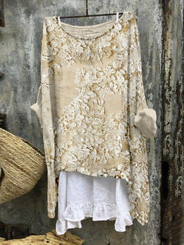 Vintage Floral Lace Pattern Linen Blend Tunic artswardrobe
