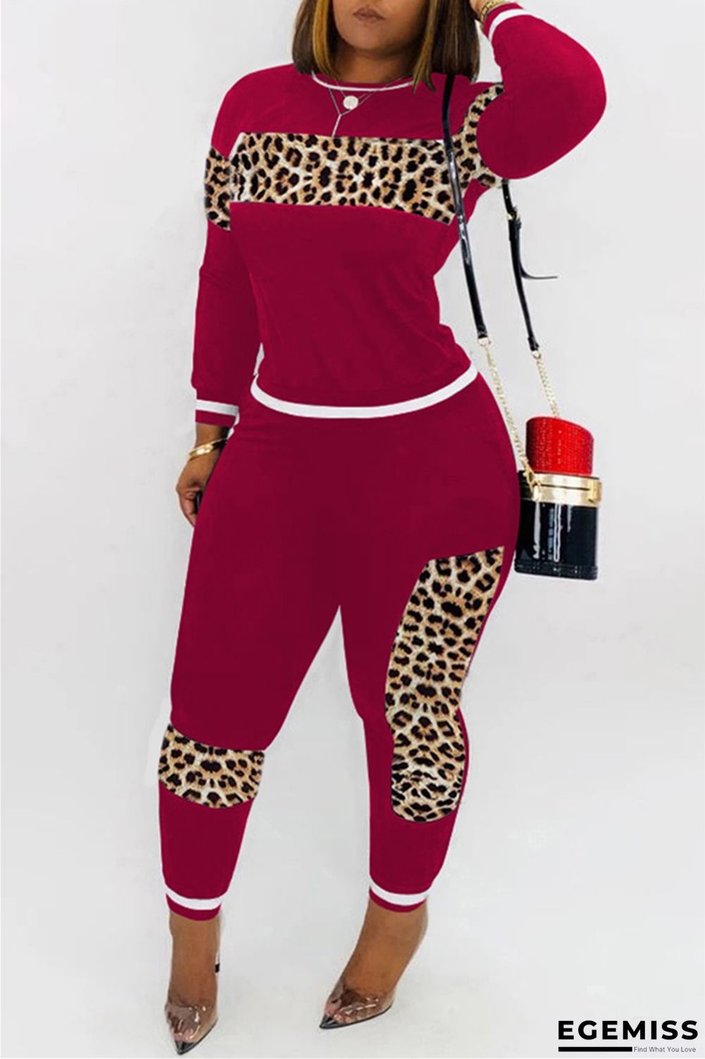 Wine Red Casual Print Two Piece Suits Patchwork Leopard pencil Long Sleeve | EGEMISS