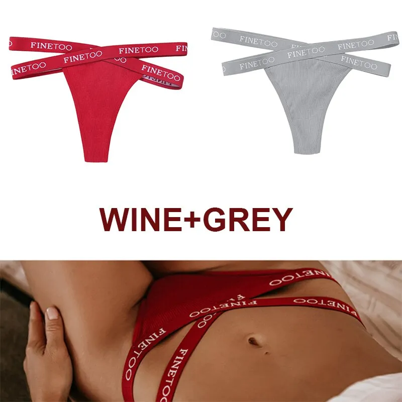 FINETOO 2PCS/Set Women's Cotton G-string Sexy Cross Strap Panties Letter Waisted Underwear Thongs Femme Hollow Out Lady Briefs