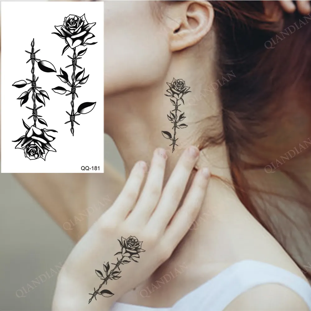 Sdrawing Temporary Tattoo Stickers Butterfly Snake Rose Flower Gun Dark Flash Small Women Body Art Wrist Neck Fake Tattoos Men