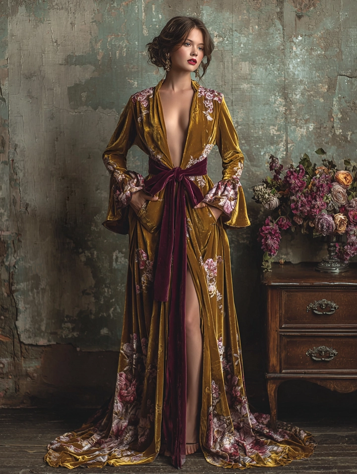Women's Vintage Velvet Ornate Print Robe (belt Included)
