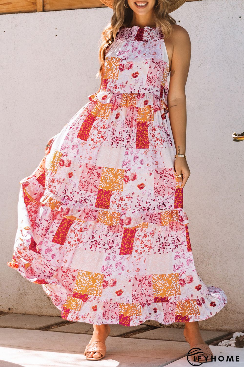 Multicolor Boho Geometric Floral Print Sleeveless Maxi Dress | IFYHOME