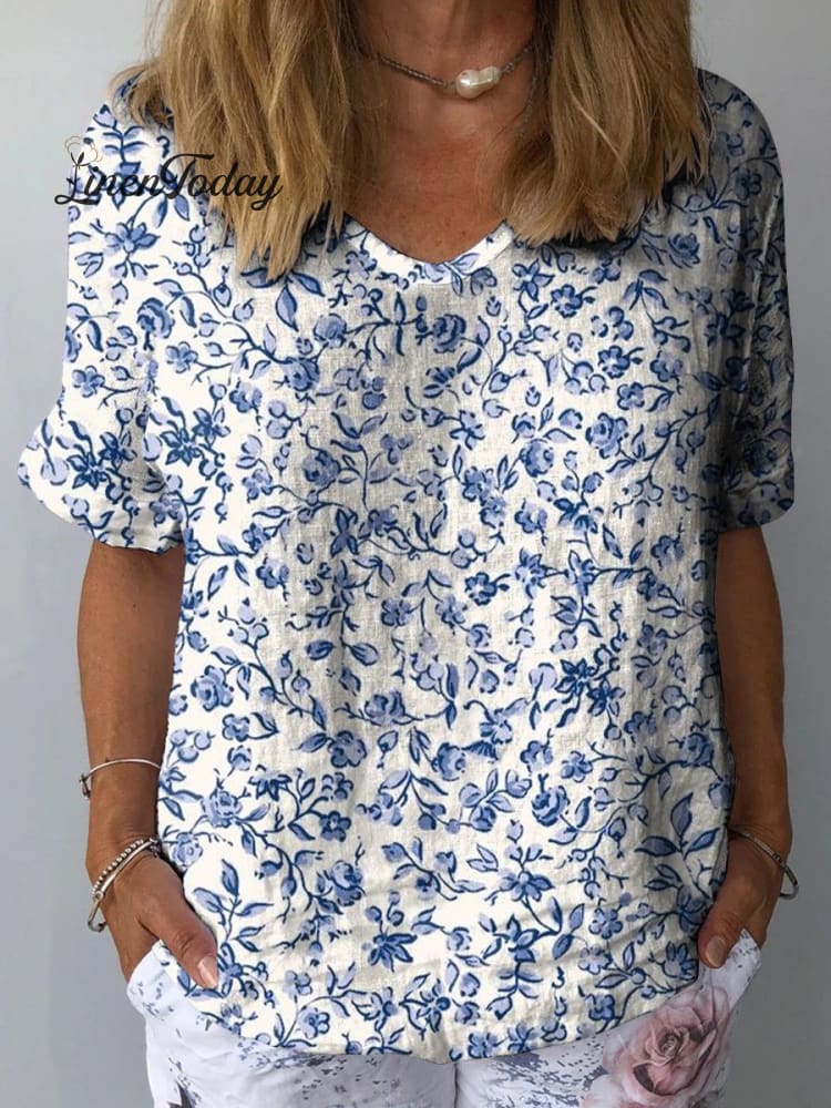 Small Floral Print In Blue Women&rsquo;s Casual Cotton And Linen Shirt Multicolor / S