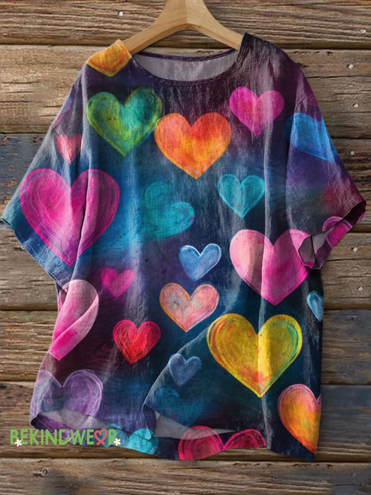 Vintage Heart Printed Cotton and Linen Casual Shirt Multicolor / S