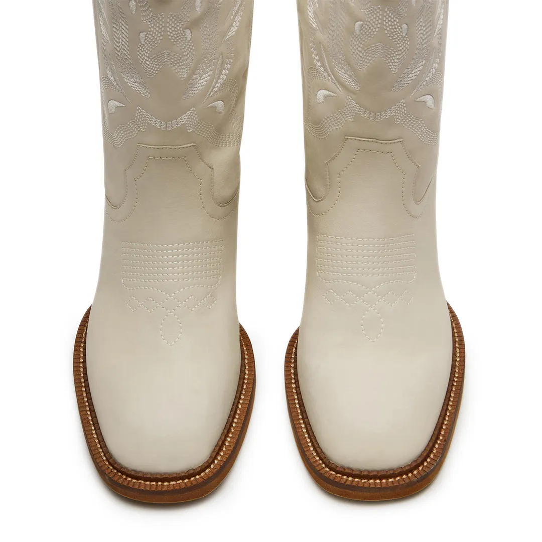 Vegan Leather Square Toe Embroidered Pull-On Cowgirl Boots in Ivory