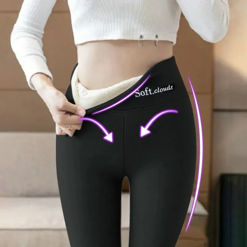 Soft Clouds Leggings Casual Warm Winter Solid Pants-Pink