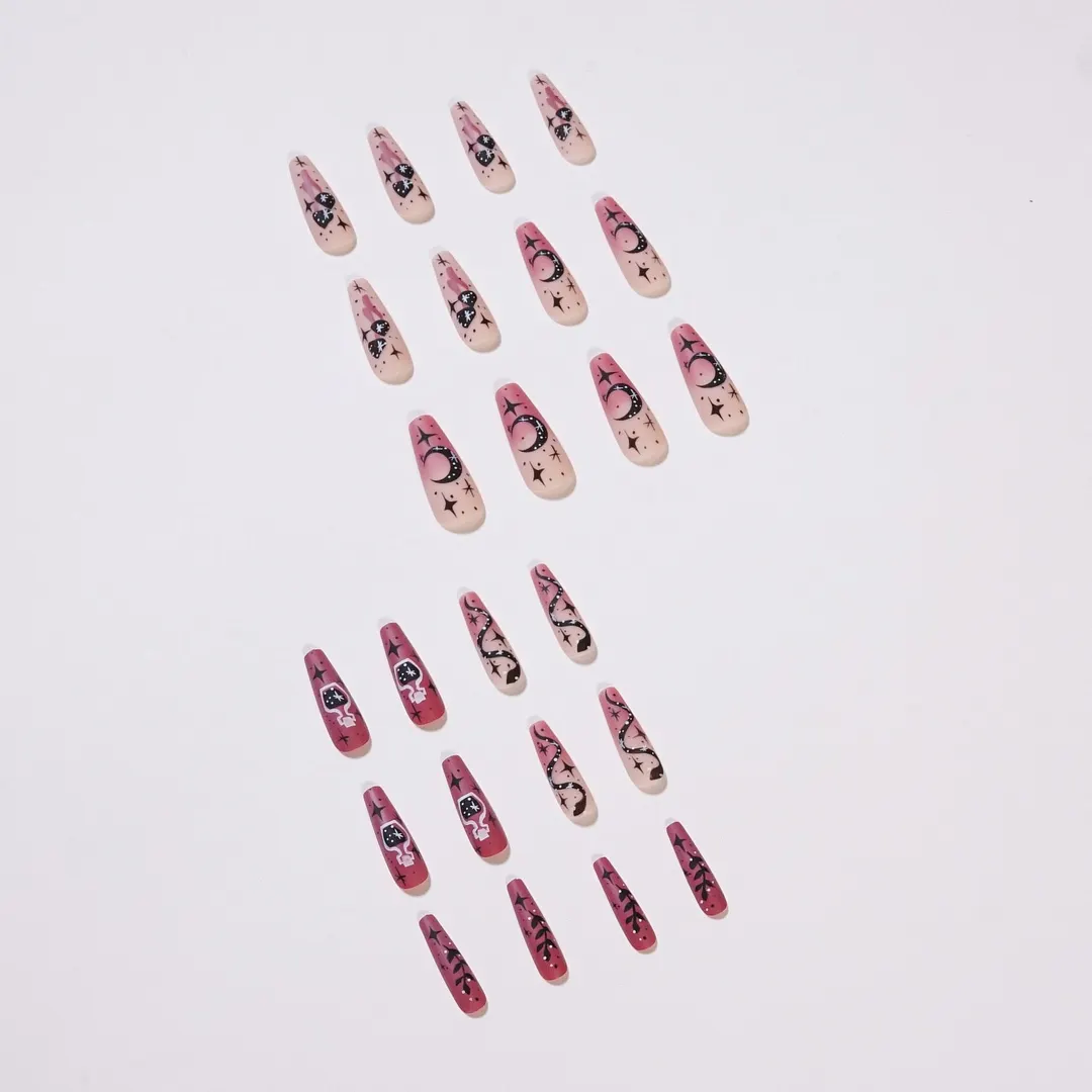 24Pcs/Set Star Moon Water Bottle Design False Nail French Full Cover Long Coffin Fake Nails Glue DIY Manicure Nail Art Tools