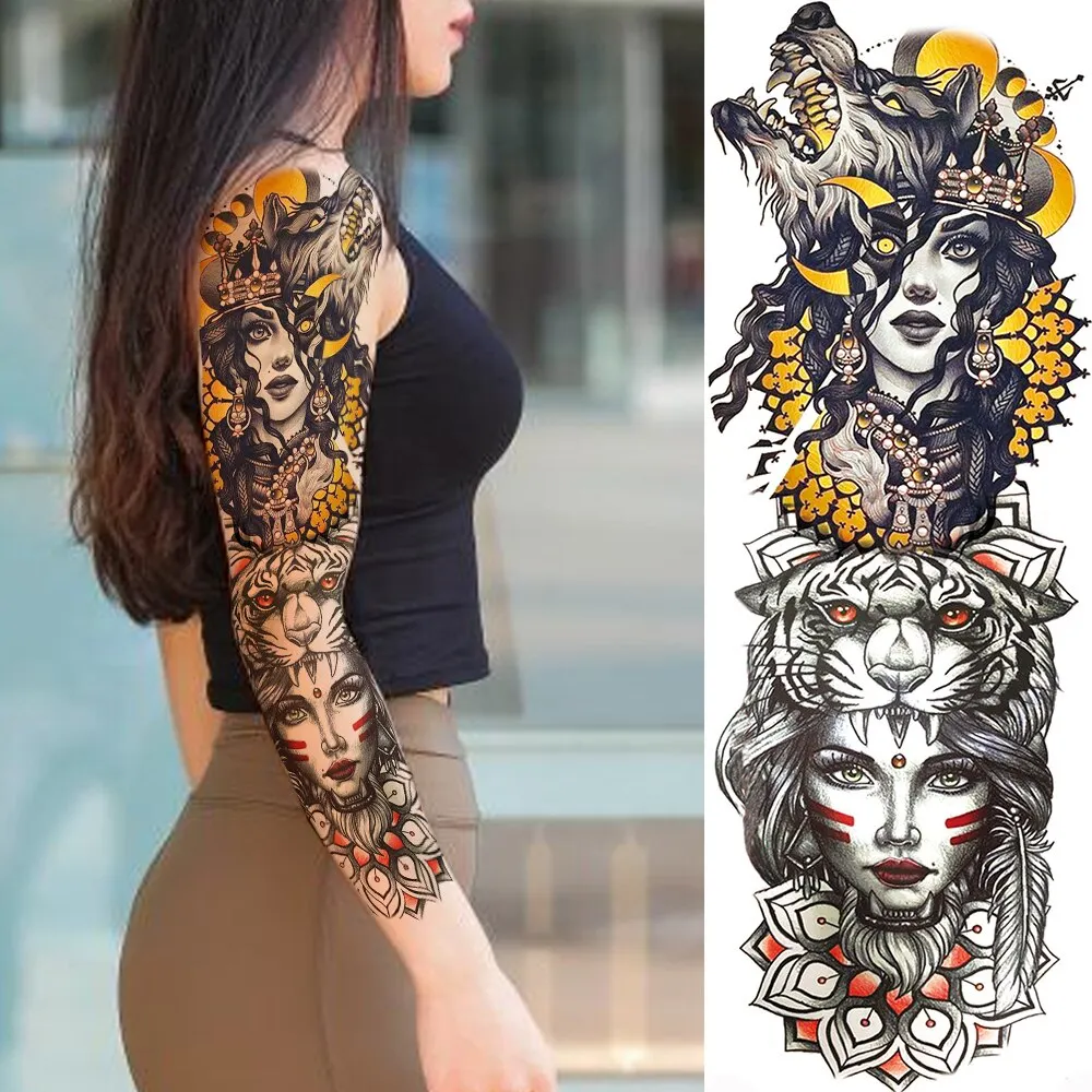 Black Military Maori Totem Temporary Sleeve Tattoos For Men Realistic Fake Full Arm3D Dragon Skull Wolf Lion Robot Tatoos Paste