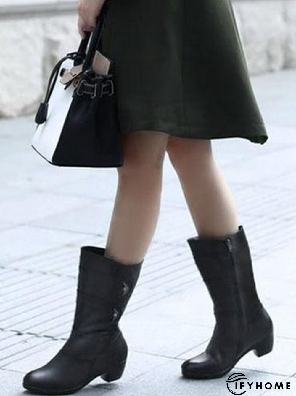 Black Rhinestone Metal Plush Warm Thick Heel Boots | IFYHOME