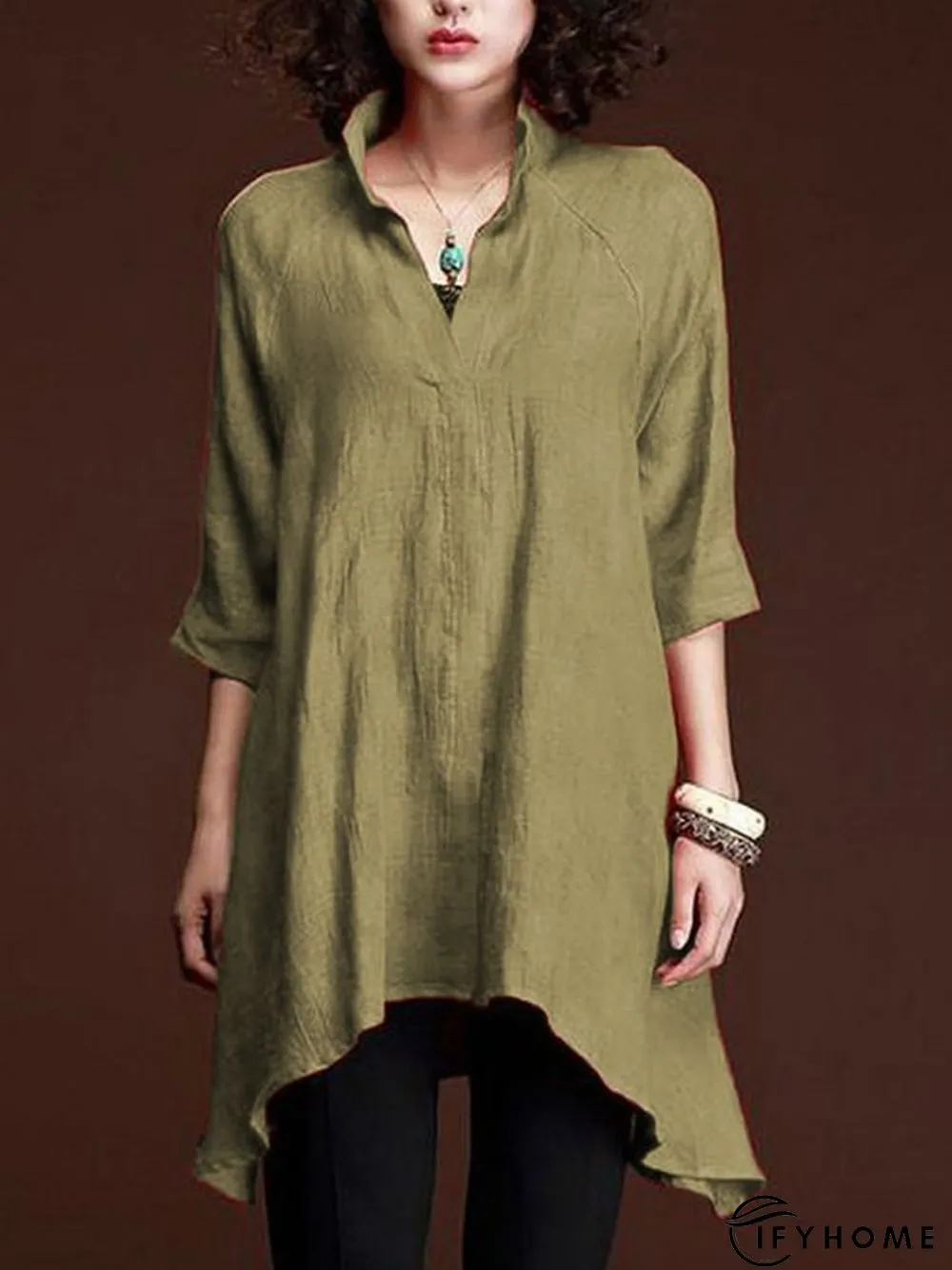 Women Casual 3/4 Sleeve V Neck Solid Top | IFYHOME