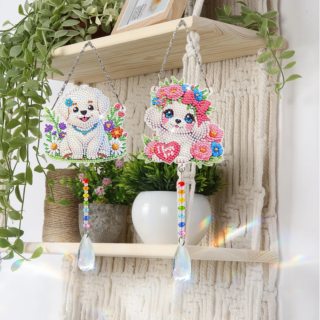 2Pcs Dog DIY Acrylic Diamond Painting Art Wind Chimes with Crystal Pendant Diamond Art Hanging Pendant Double-Sided for Adults Beginners Gift Home Garden Decor