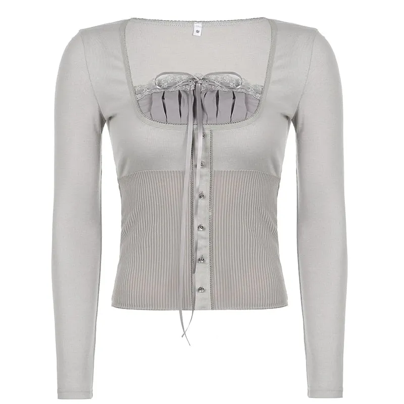 Rapcopter Y2K Sweet Cute Crop Top Lace Frill Bow Pullovers Vintage Square Collar T Shirt Women Skin Button Prepply Korean Tees