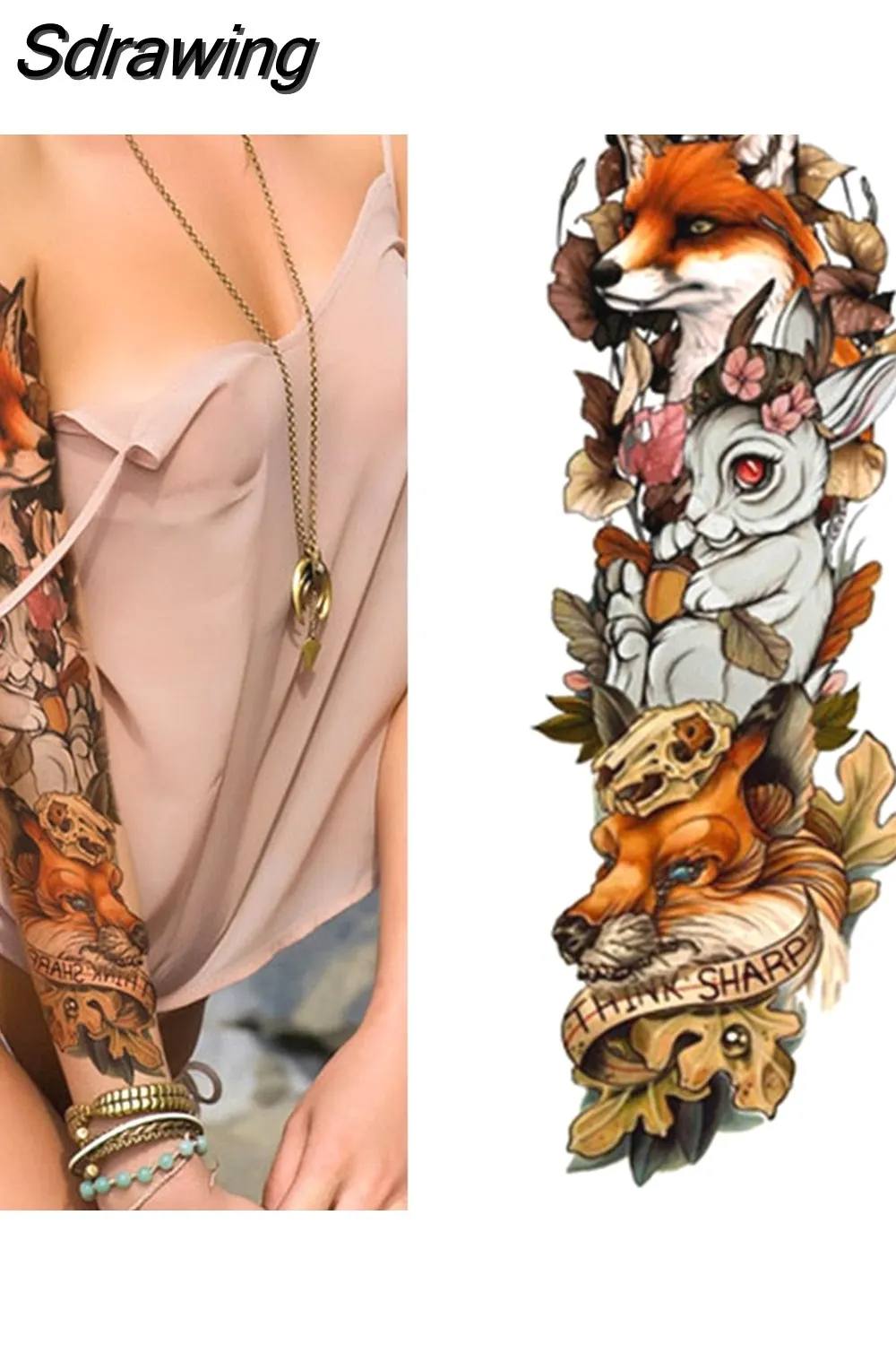 Sdrawing Full Arm Tattoo Lion Crown King Rose Waterproof Temporary Tatoo Sticker Wild Wolf Tiger Men Skull Totem Tattoo 430-1