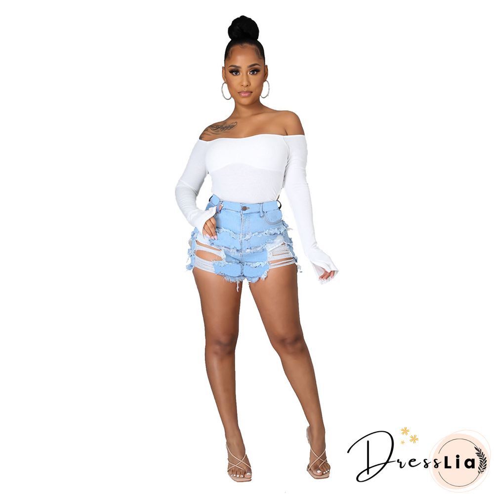 Summer Sexy Patchwork Women Ripped High Waist Holes Stretch Streetwear Plus Size Denim Shorts