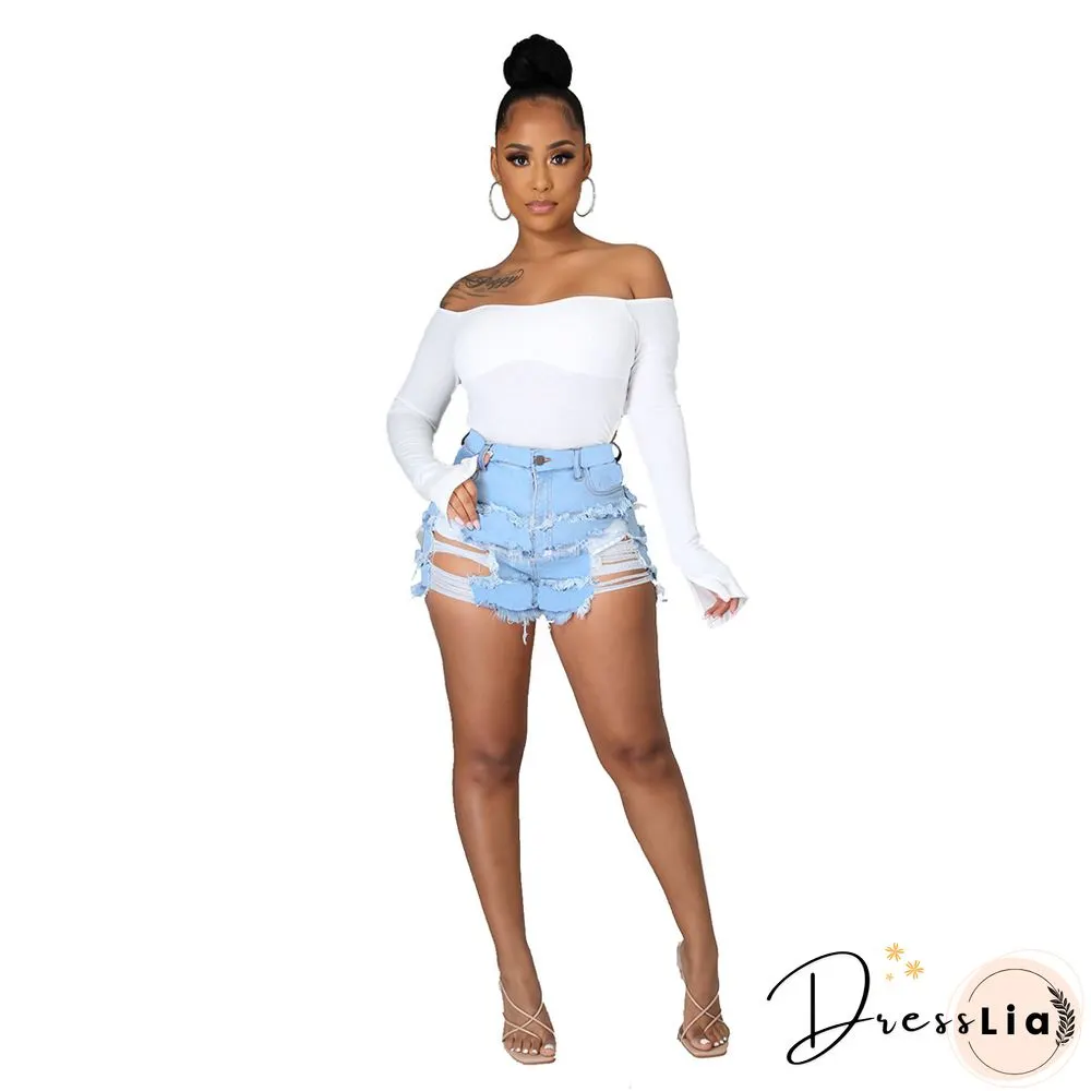 Summer Sexy Patchwork Women Ripped High Waist Holes Stretch Streetwear Plus Size Denim Shorts