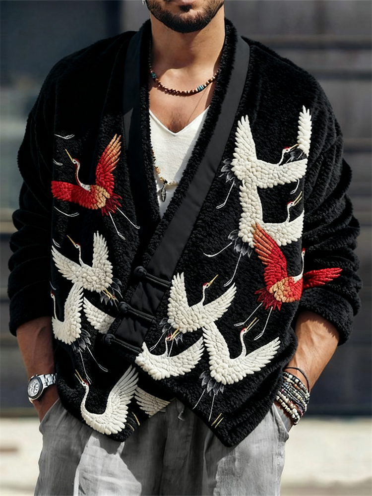 Men's Japanese Cranes Embroidered Cozy Fleece Kimono Cardigan  artssus