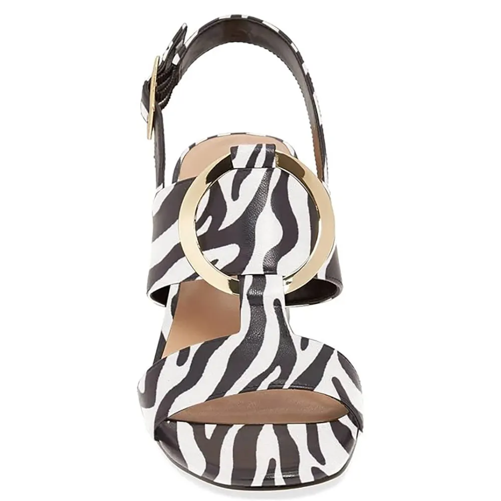 Black & White Open Toe Zebra Print Hardware Strap Heels Sandals