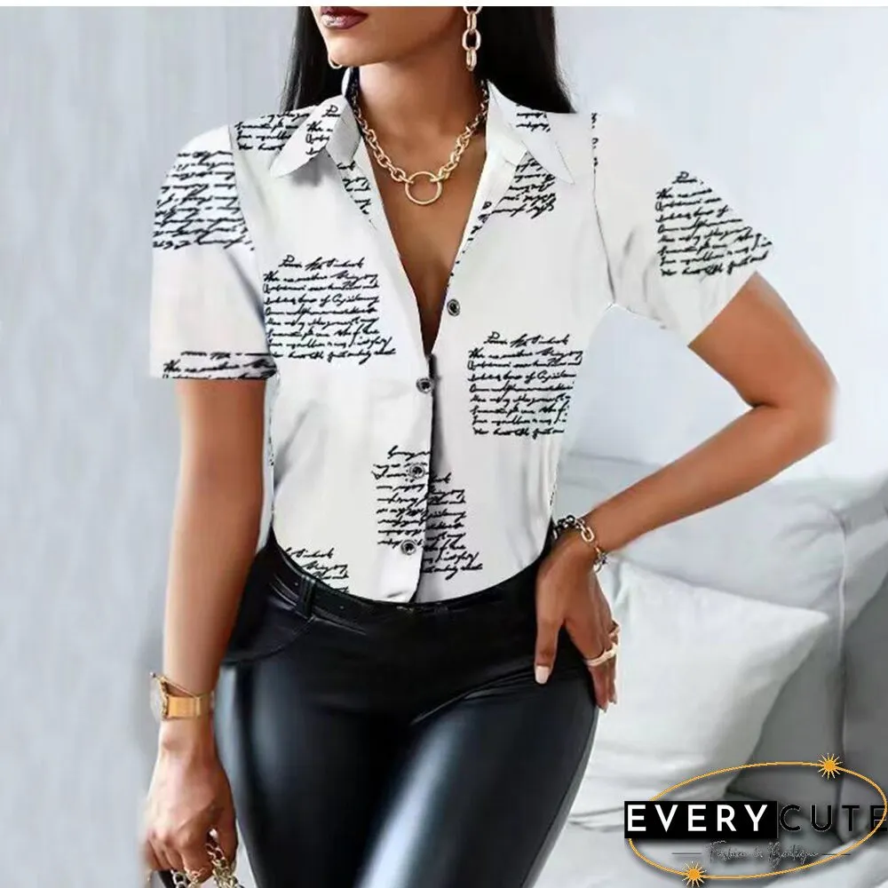 Summer Women Black Floral Print Top Shirt Fashion Casual Short Sleeve Turn-down Collar Tops Shirts New Elegant Slim Button Shirt