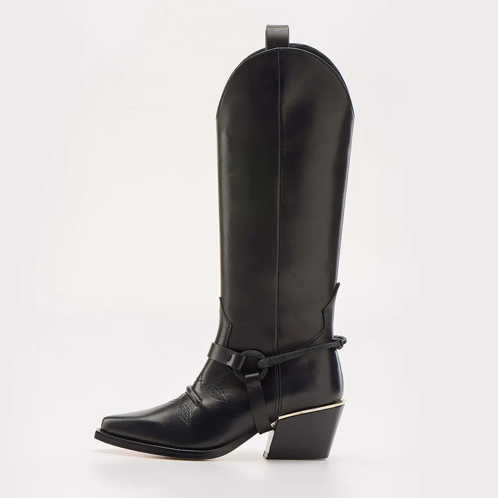 Black Faux Leather Pointed Toe Chunky Heel Stitching Knee High Boots