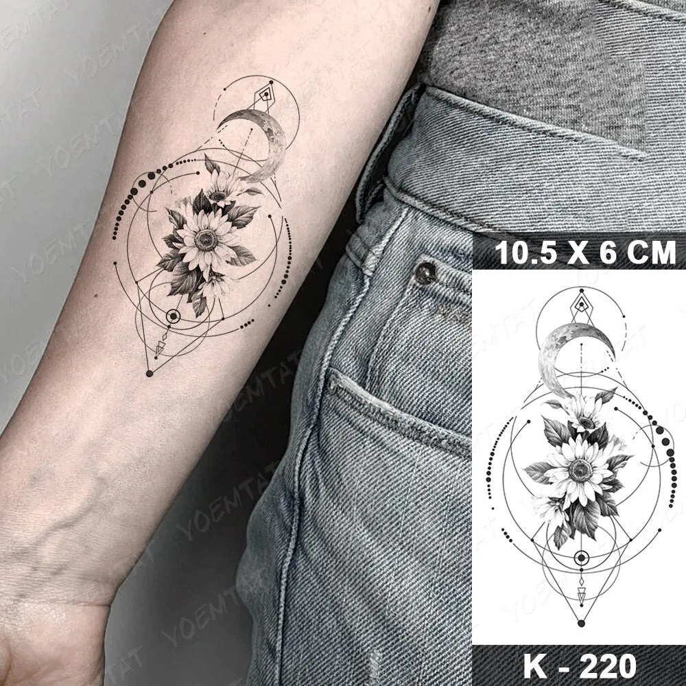Waterproof Temporary Tattoo Sticker Black Point Line Sunflower Geometric Rose Flash Tatoo Fake Tatto For Body Art Women Men
